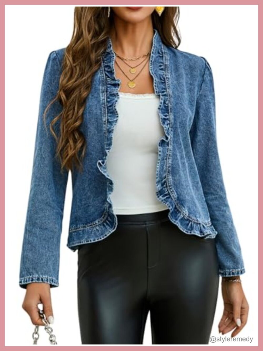 Women's Ruffled Cropped Denim Jacket Long Sleeve Open Front Jean Coat